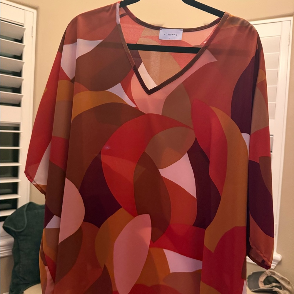 Adrienne Red and Brown V-Neck Blouse